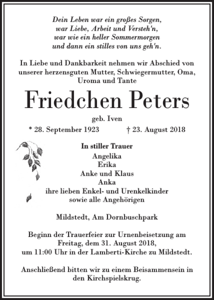  Traueranzeige für Friedchen Peters vom 29.08.2018 aus Husumer Nachrichten