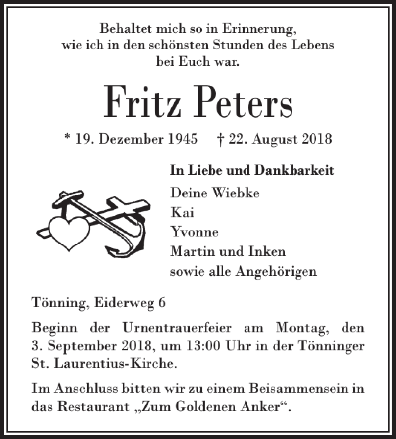  Traueranzeige für Fritz Peters vom 28.08.2018 aus Husumer Nachrichten