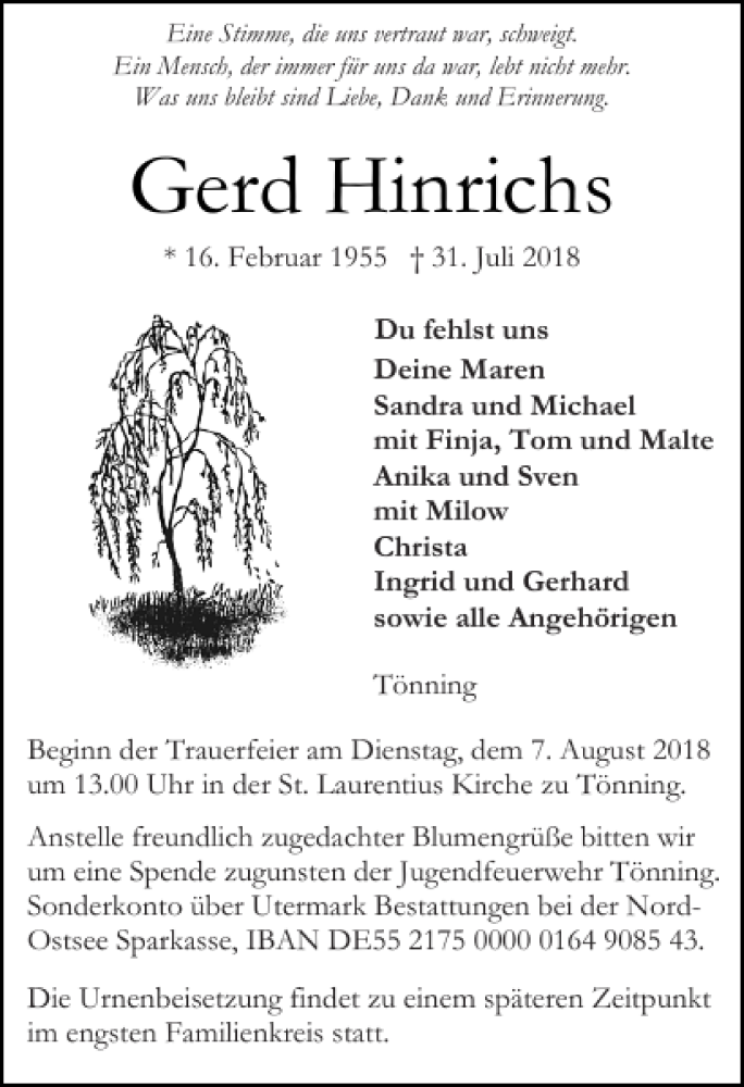  Traueranzeige für Gerd Hinrichs vom 04.08.2018 aus Husumer Nachrichten