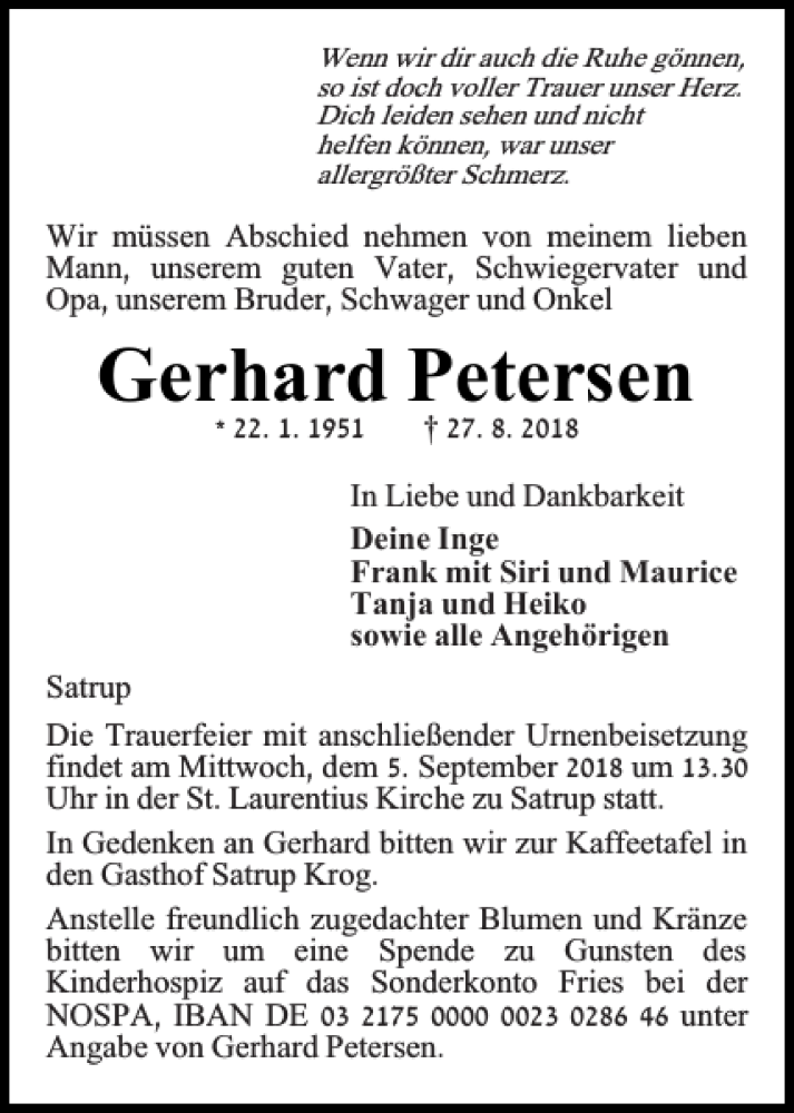  Traueranzeige für Gerhard Petersen vom 30.08.2018 aus Flensburger Tageblatt
