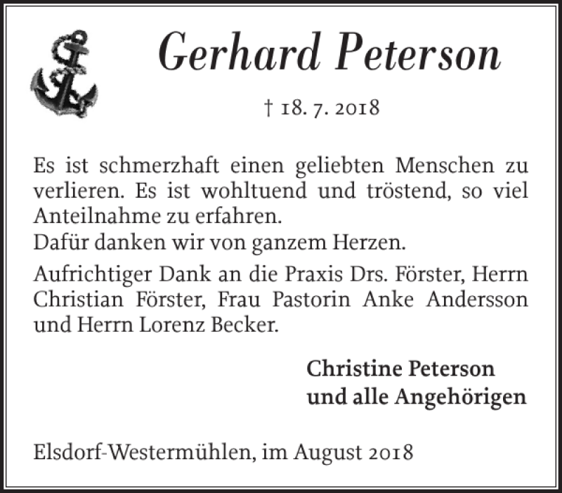  Traueranzeige für Gerhard Peterson vom 18.08.2018 aus Landeszeitung
