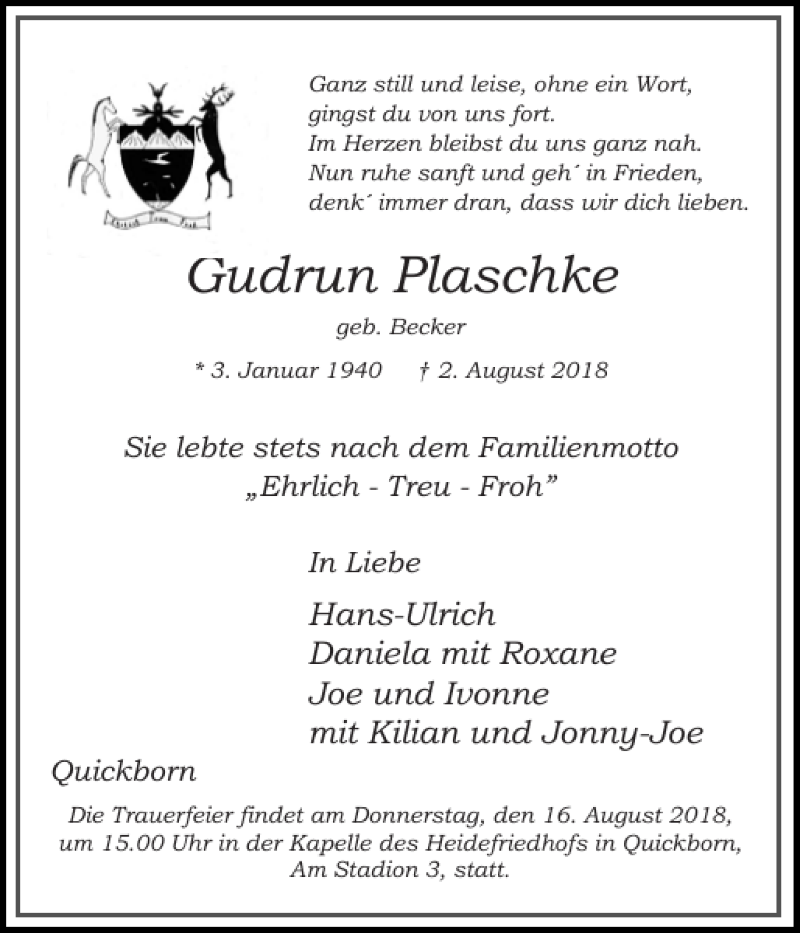  Traueranzeige für Gudrun Plaschke vom 11.08.2018 aus Pinneberger Tageblatt