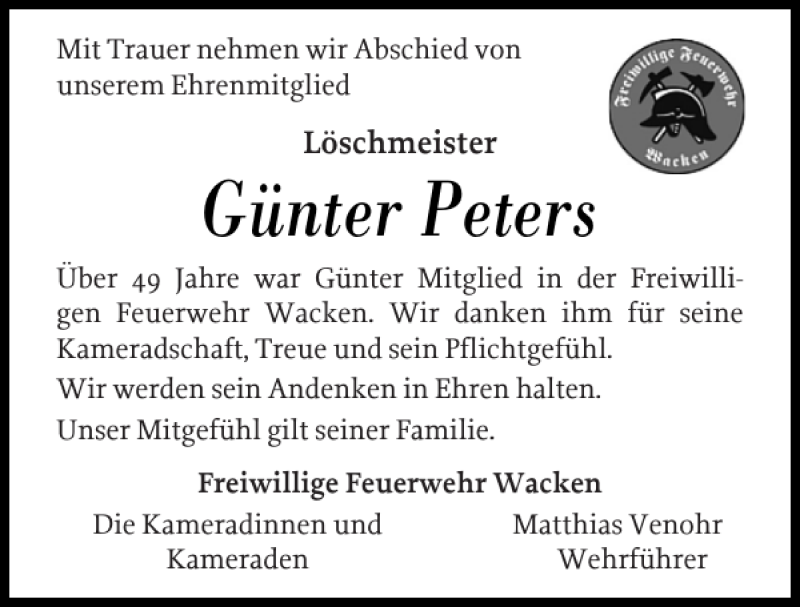  Traueranzeige für Günter Peters vom 16.08.2018 aus Norddeutsche Rundschau