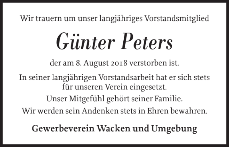  Traueranzeige für Günter Peters vom 15.08.2018 aus Norddeutsche Rundschau