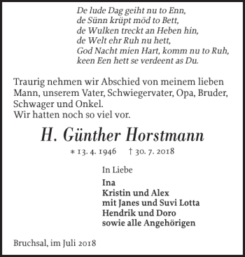 Traueranzeige von H. Günther Horstmann von Landeszeitung