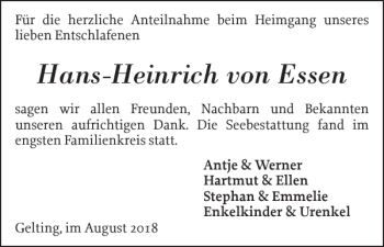 Traueranzeige von Hans-Heinrich von Essen von Flensburger Tageblatt