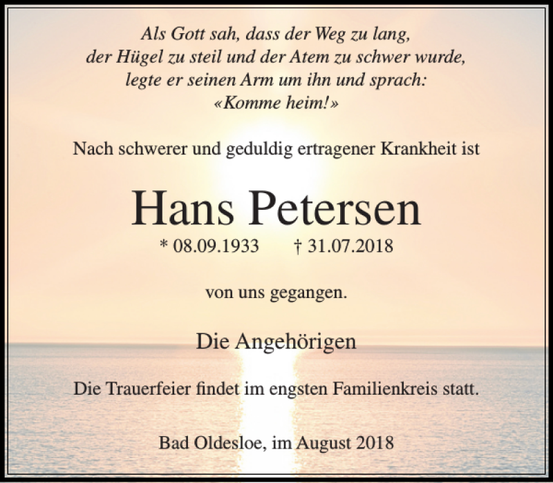 Traueranzeige für Hans Petersen vom 18.08.2018 aus Stormarner Tageblatt