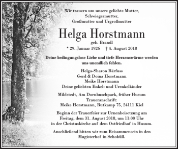 Traueranzeige von Helga Horstmann von Husumer Nachrichten