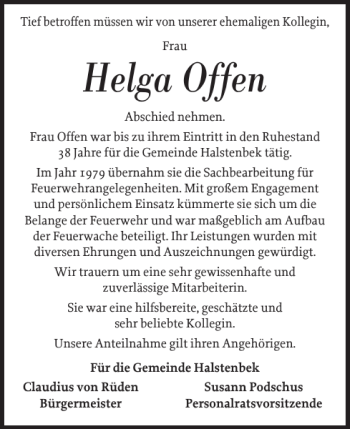 Traueranzeige von Helga Offen von Pinneberger Tageblatt