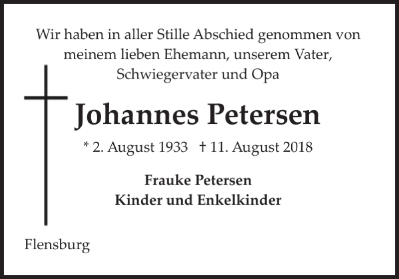  Traueranzeige für Johannes Petersen vom 18.08.2018 aus Flensburger Tageblatt