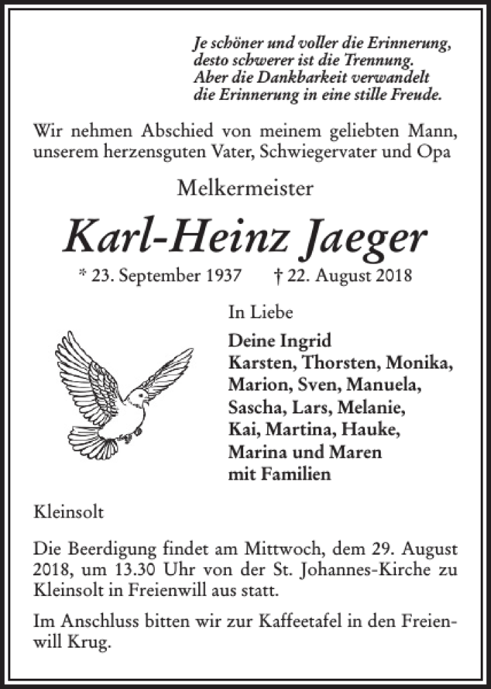  Traueranzeige für Karl-Heinz Jaeger vom 25.08.2018 aus Flensburger Tageblatt