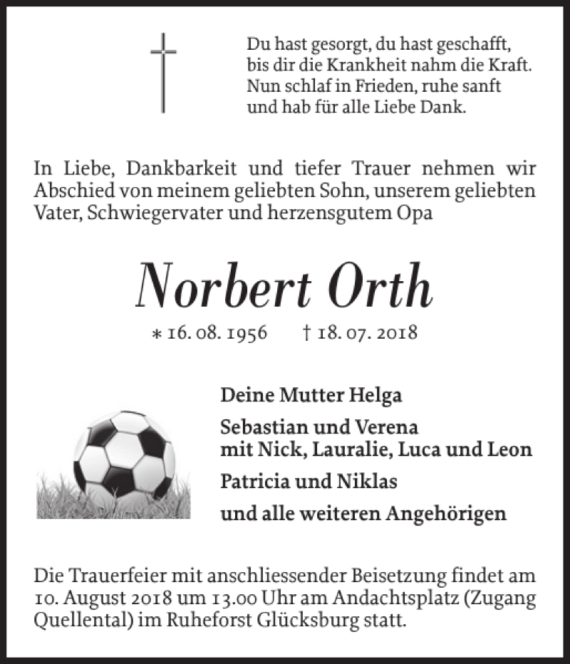  Traueranzeige für Norbert Orth vom 04.08.2018 aus Flensburger Tageblatt