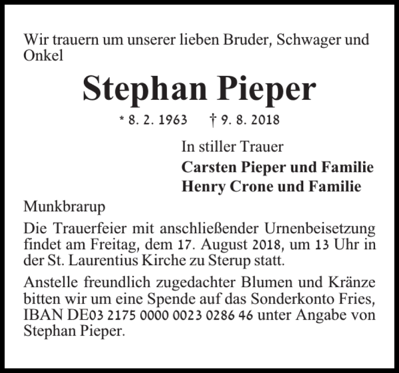  Traueranzeige für Stephan Pieper vom 13.08.2018 aus Flensburger Tageblatt