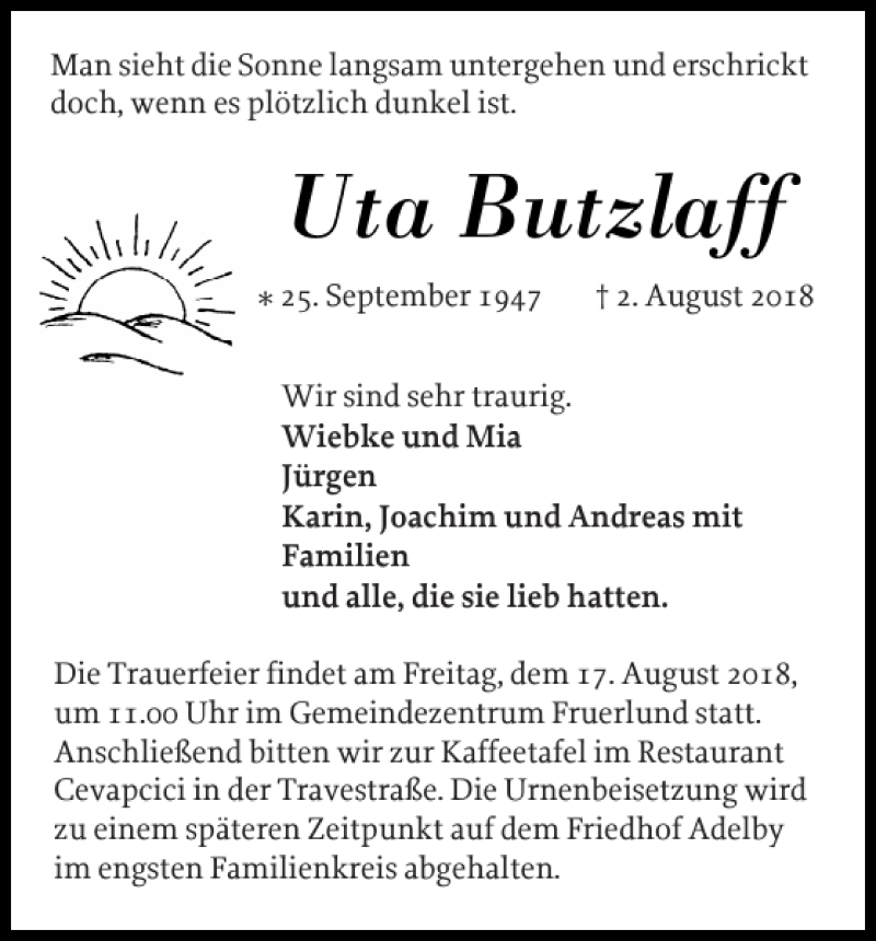  Traueranzeige für Uta Butzlaff vom 13.08.2018 aus Flensburger Tageblatt