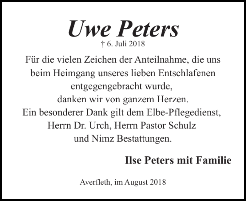  Traueranzeige für Uwe Peters vom 10.08.2018 aus Norddeutsche Rundschau