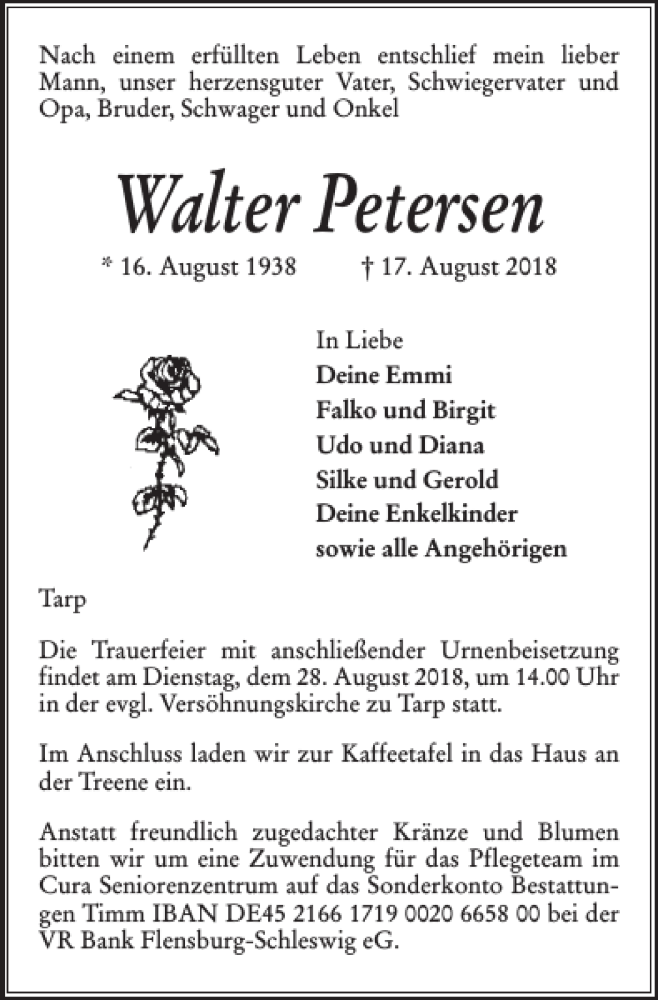  Traueranzeige für Walter Petersen vom 20.08.2018 aus Flensburger Tageblatt
