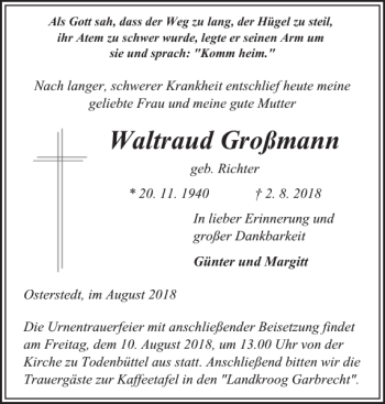 Traueranzeige von Waltraud Großmann von Landeszeitung