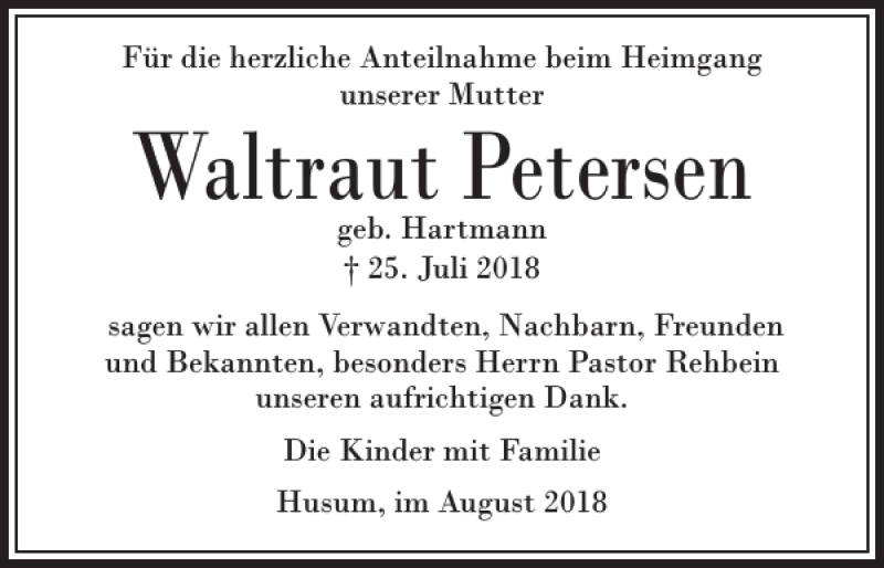  Traueranzeige für Waltraut Petersen vom 25.08.2018 aus Husumer Nachrichten