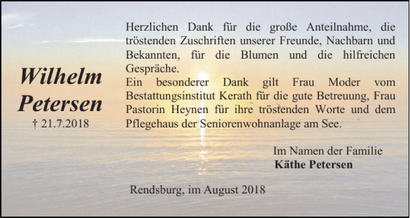  Traueranzeige für Wilhelm Petersen vom 25.08.2018 aus Landeszeitung