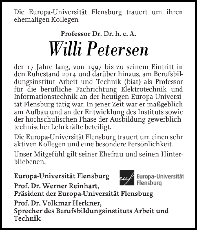  Traueranzeige für Willi Petersen vom 18.08.2018 aus Flensburger Tageblatt