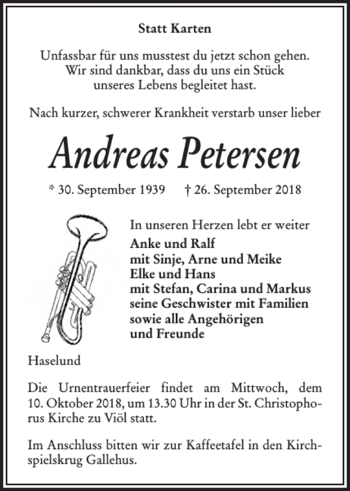 Traueranzeige für Andreas Petersen vom 29.09.2018 aus Husumer Nachrichten