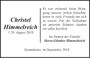 Traueranzeige von Christel Himmelreich von Holsteinischer Courier