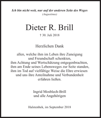 Traueranzeige von Dieter R. Brill von Pinneberger Tageblatt