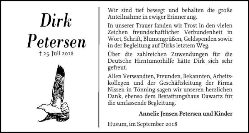  Traueranzeige für Dirk Petersen vom 01.09.2018 aus Husumer Nachrichten