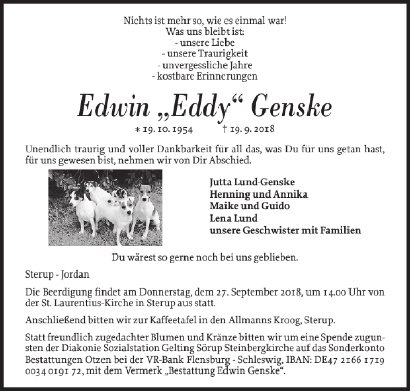  Traueranzeige für Edwin Eddy Genske vom 22.09.2018 aus Flensburger Tageblatt