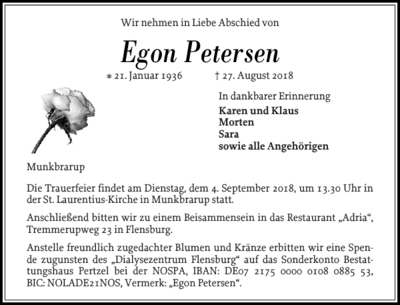  Traueranzeige für Egon Petersen vom 01.09.2018 aus Flensburger Tageblatt