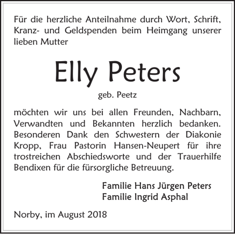  Traueranzeige für Elly Peters vom 15.09.2018 aus Landeszeitung