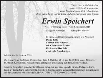 Traueranzeige von Erwin Speichert von Landeszeitung