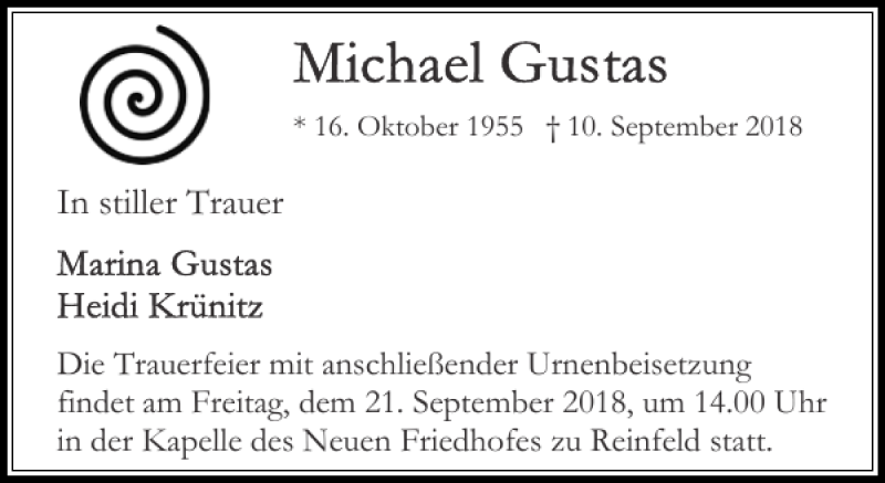  Traueranzeige für Freitag um der Friedhofes zu Reinfeld  vom 15.09.2018 aus Stormarner Tageblatt
