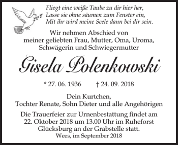 Traueranzeige von Gisela Polenkowski von Flensburger Tageblatt