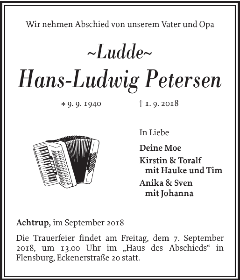  Traueranzeige für Hans-Ludwig Petersen vom 05.09.2018 aus Nordfriesland Tageblatt