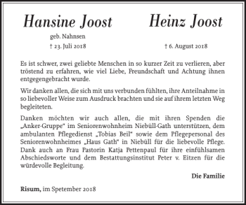 Traueranzeige von Hansine Joost Heinz Joost von Nordfriesland Tageblatt