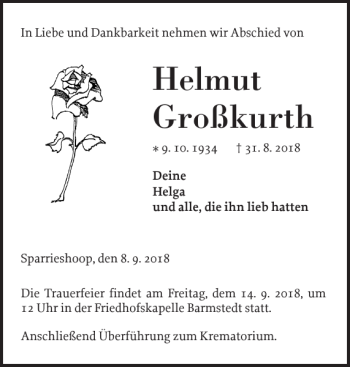 Traueranzeige von Helmut Großkurth von Elmshorner Nachrichten