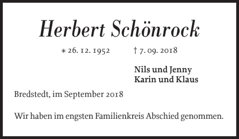  Traueranzeige für Herbert Schönrock vom 29.09.2018 aus Husumer Nachrichten