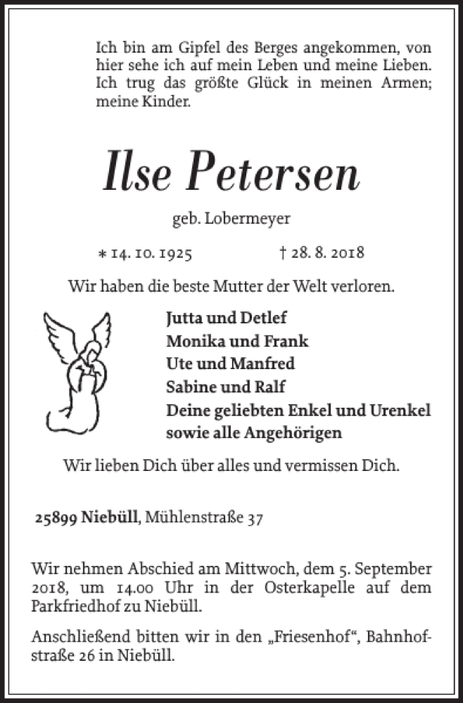  Traueranzeige für Ilse Petersen vom 01.09.2018 aus Nordfriesland Tageblatt