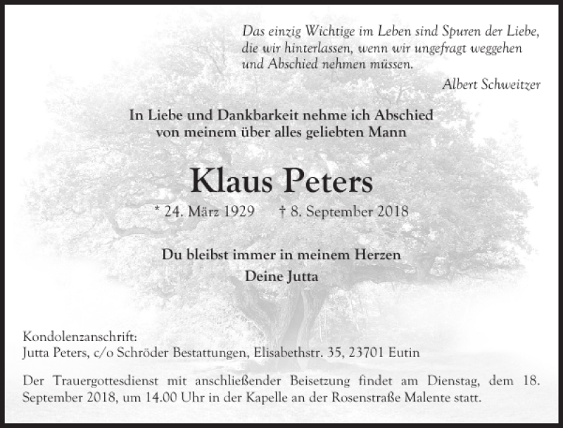  Traueranzeige für Klaus Peters vom 15.09.2018 aus Ostholsteiner Anzeiger