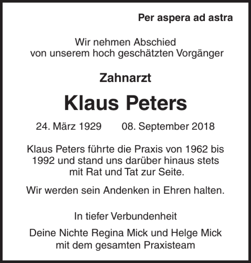  Traueranzeige für Klaus Peters vom 15.09.2018 aus Ostholsteiner Anzeiger