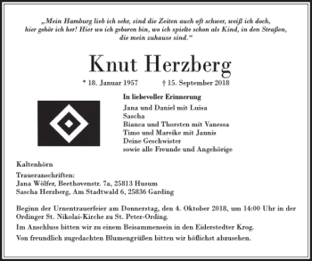 Traueranzeige von Knut Herzberg von Husumer Nachrichten