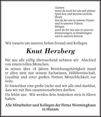 Traueranzeige von Knut Herzberg von Husumer Nachrichten