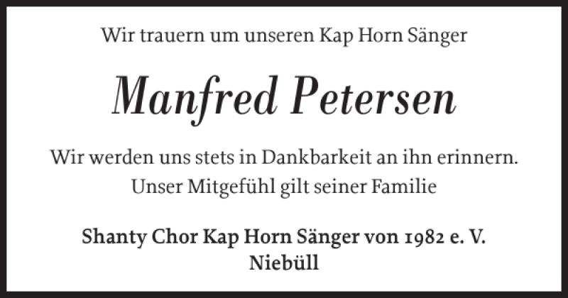  Traueranzeige für Manfred Petersen vom 07.09.2018 aus Nordfriesland Tageblatt