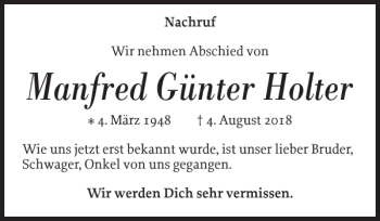 Traueranzeige von Manfred Günter Holter von Landeszeitung
