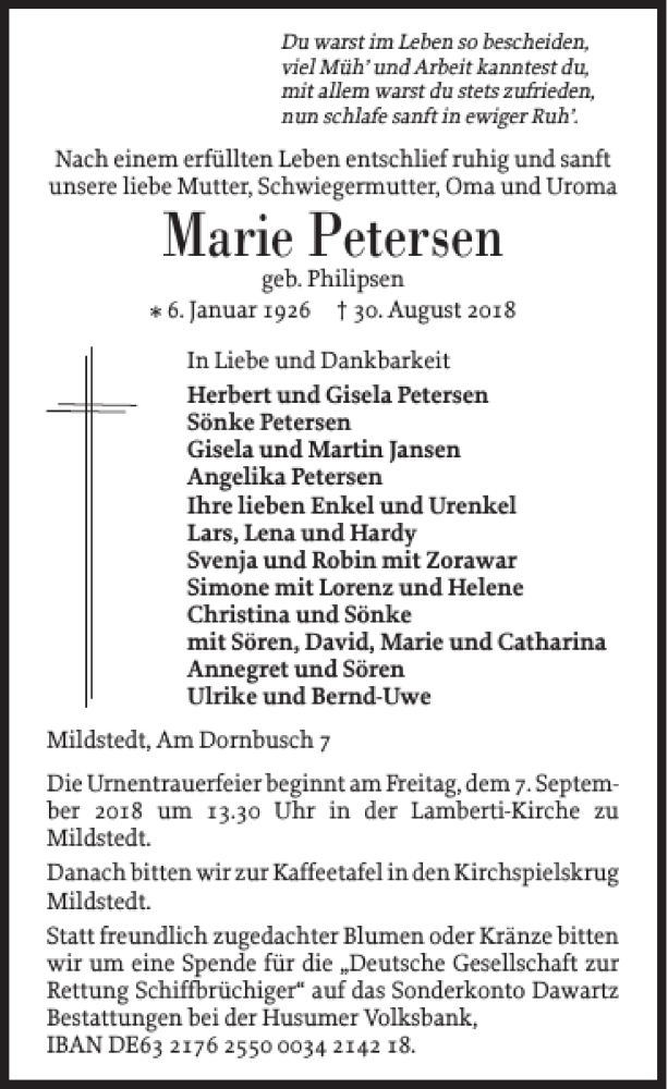  Traueranzeige für Marie Petersen vom 01.09.2018 aus Husumer Nachrichten