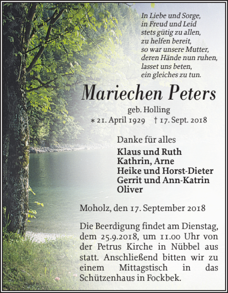  Traueranzeige für Mariechen Peters vom 20.09.2018 aus Landeszeitung