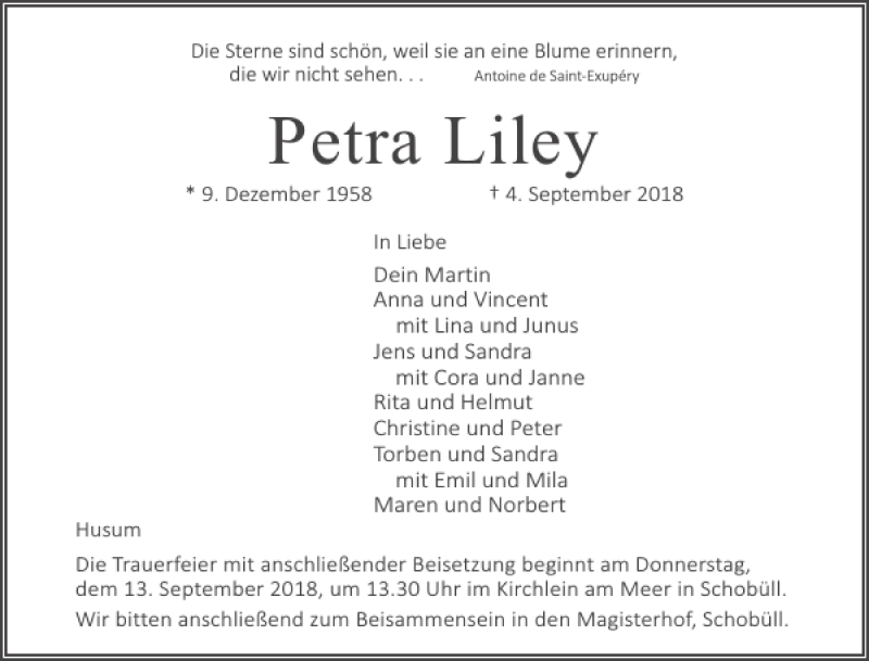  Traueranzeige für Petra Liley vom 10.09.2018 aus Husumer Nachrichten