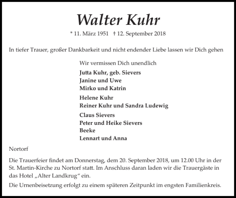  Traueranzeige für Walter Kuhr vom 15.09.2018 aus Landeszeitung