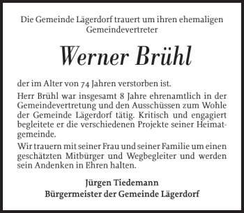 Traueranzeige von Werner Brühl von Norddeutsche Rundschau